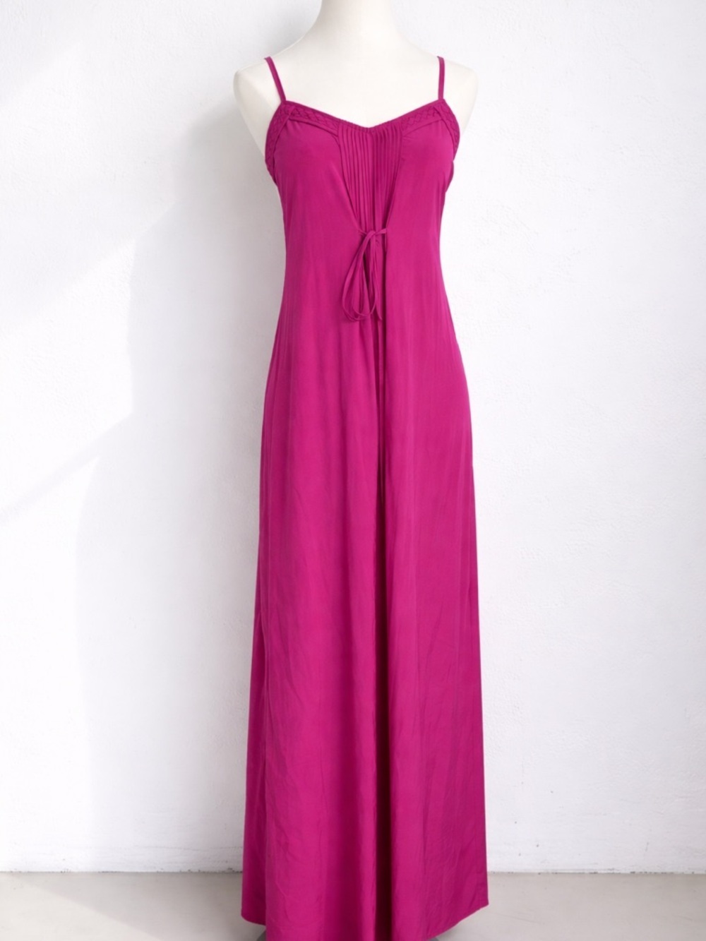 Vintage Fuchsia Maxi Dress Tie Front Boho Resort Spaghetti Strap M